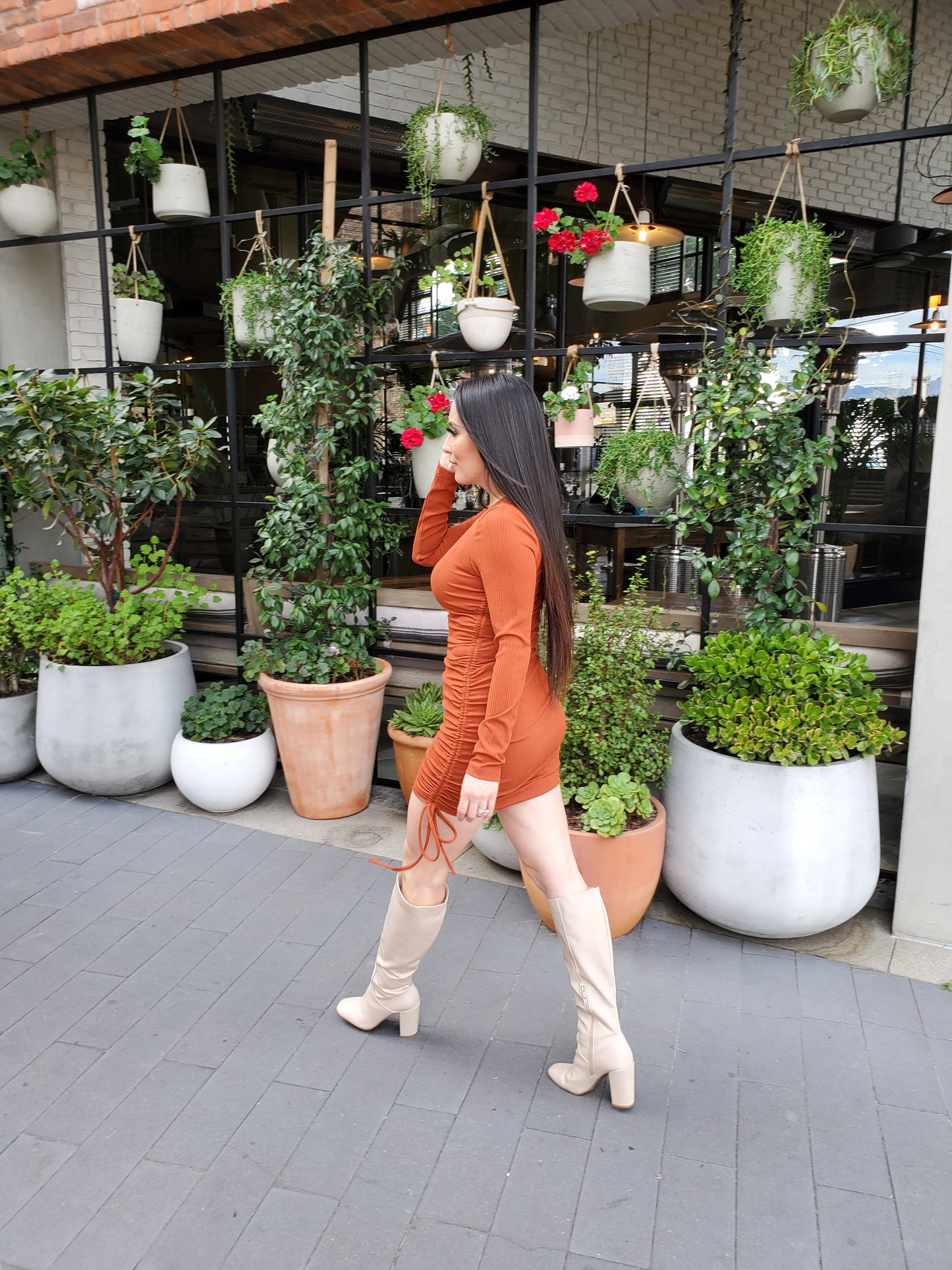 Rusty Ruched Long Sleeve Dress